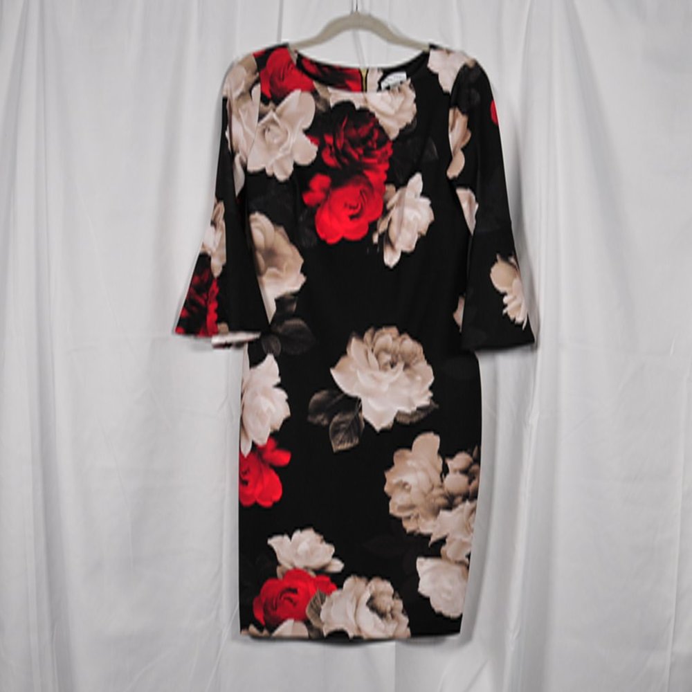 Calvin Klein Black Floral Dress with Bell Sleeves Size 8